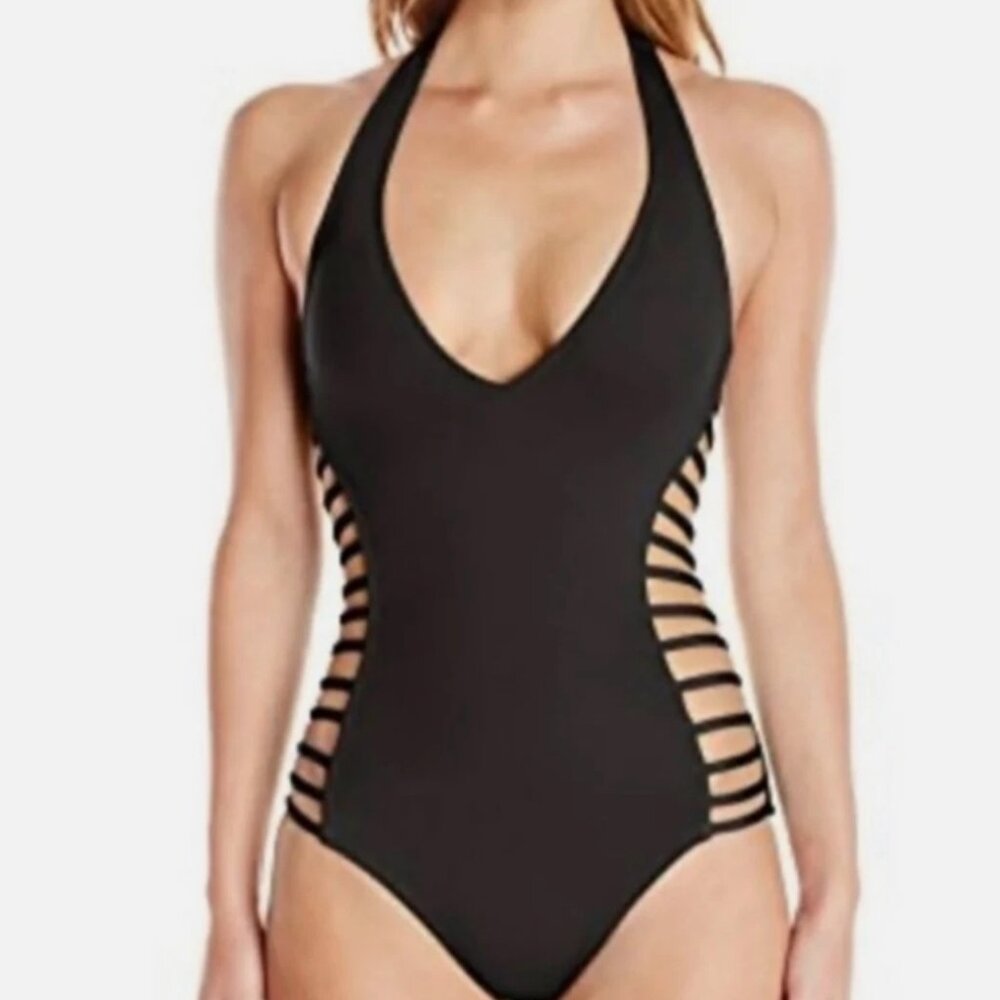 Kenneth Cole Swimsuit Size m v-neck plunge sexy Black, Halter tie, Side Cut-Outs